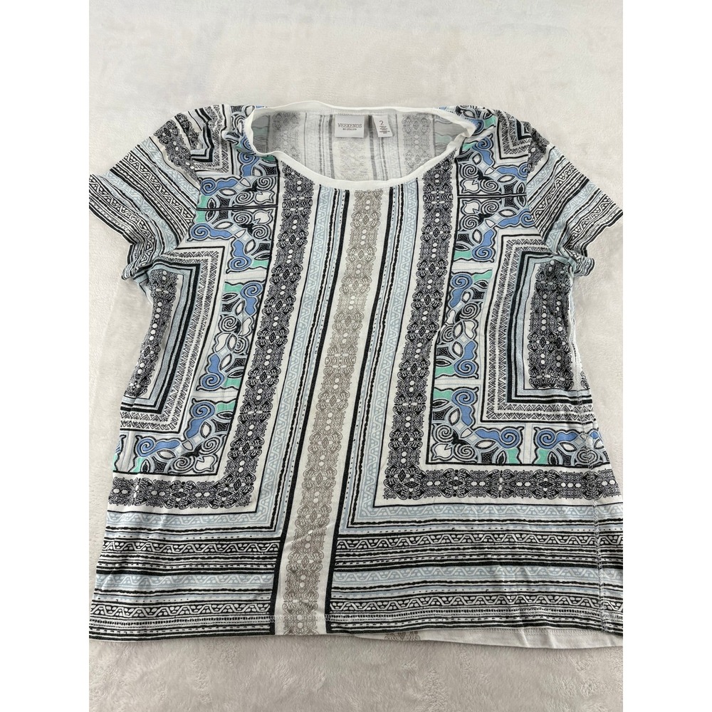 Weekends by Chico's T-Shirt Women 2 Blue White Geometric Print Cotton Modal Top